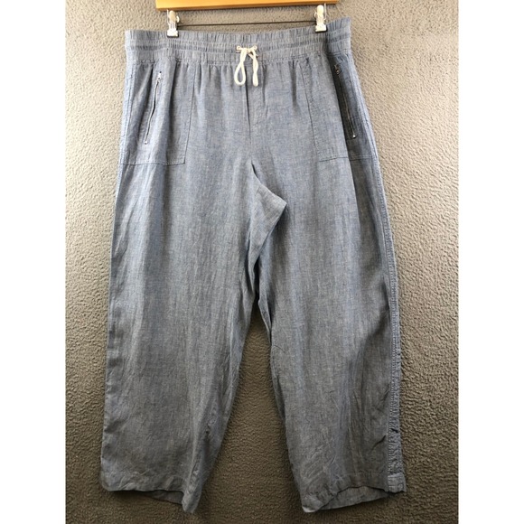 Athleta Cabo Linen Wide Leg Pants Blue Women's Size 20 Drawstring Zip Pocket - Picture 1 of 9